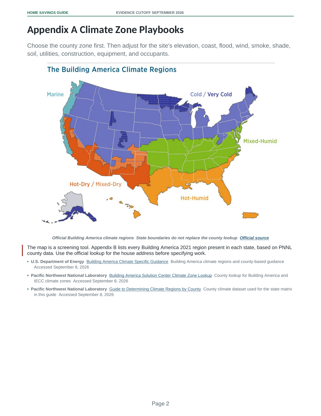 Actual climate guidance page from the Climate and Evidence Reference